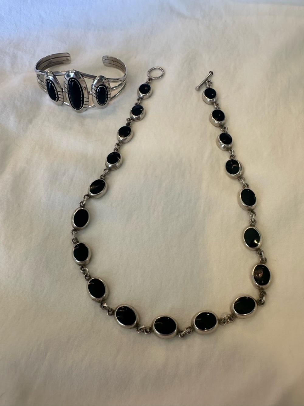 Vintage Mexican Sterling Silver And Black Onyx Cuff Bracelet And Necklace-